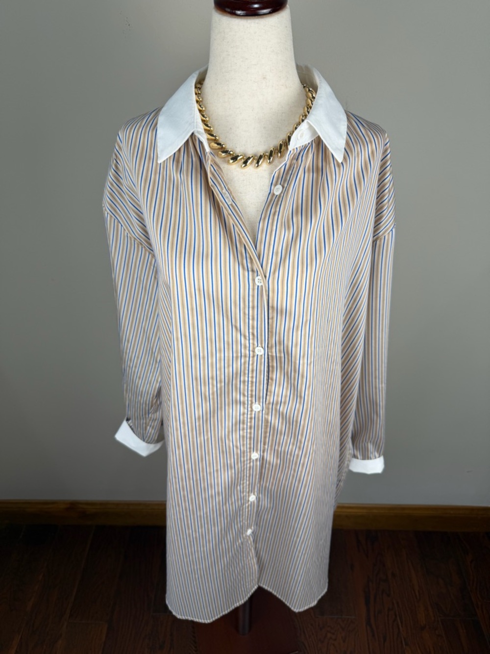 FRNCH Paris Stripe Shirt Dress Small NWT Blue White Collared Mini